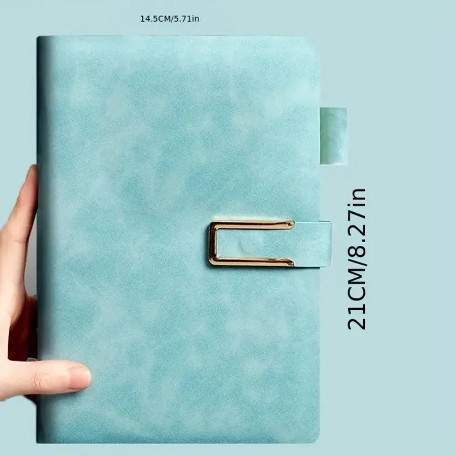A light blue A5 retro leather notebook with a gold-colored closure detail.