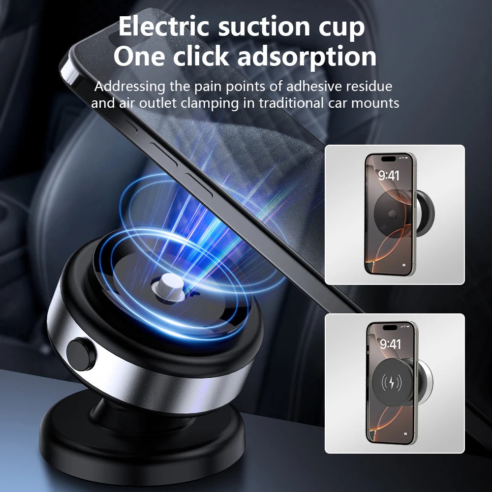 A magnetic wireless phone charger with a suction cup design is shown being used to mount a smartphone in a car.