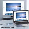 A laptop displays a synchronized view of a scenic sunset landscape on a screen, next to a larger monitor.