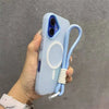 A light blue phone case with a white circle design and a blue lanyard is held in a hand against a gray background.