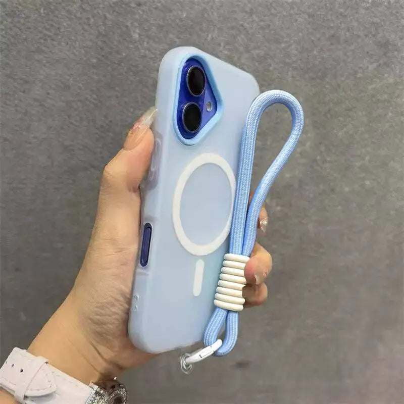 A light blue phone case with a white circle design and a blue lanyard is held in a hand against a gray background.