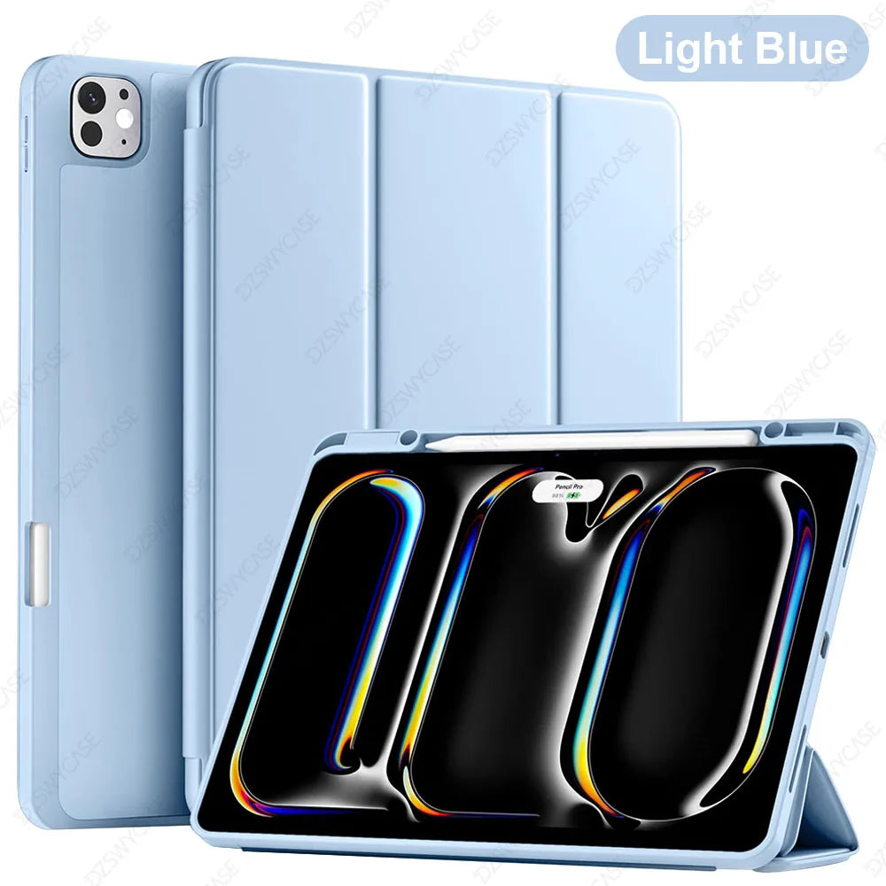 Light blue silicone protective case and stand for an iPad Pro tablet