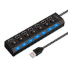 A black USB hub splitter extender with seven ports and a cable connector.