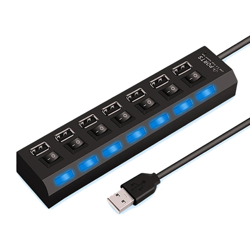 A black USB hub splitter extender with seven ports and a cable connector.