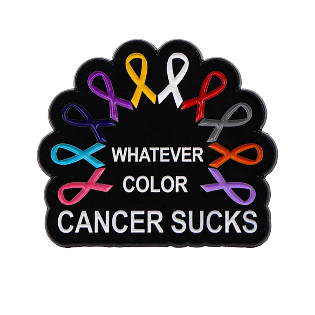 Black enamel pin featuring multiple colored ribbons symbolizing cancer awareness and support.