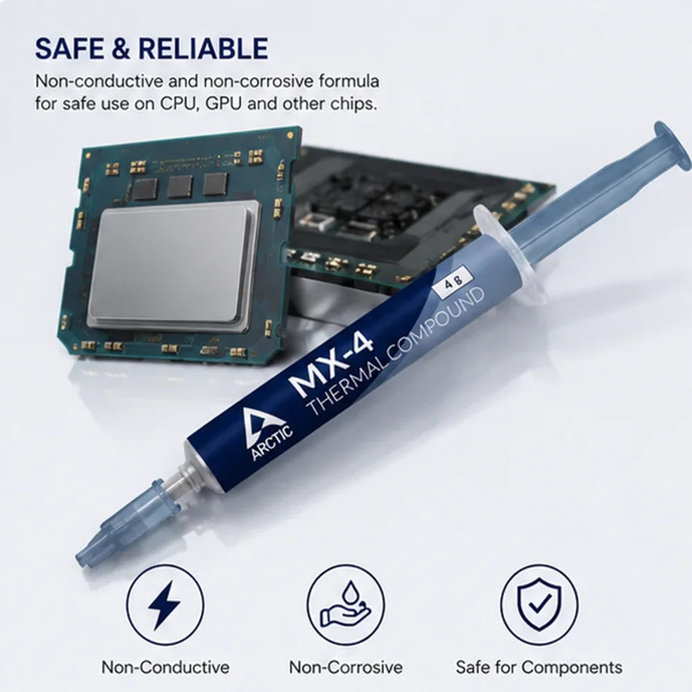 Arctic MX-4 thermal compound tube showing its non-conductive and non-corrosive properties.
