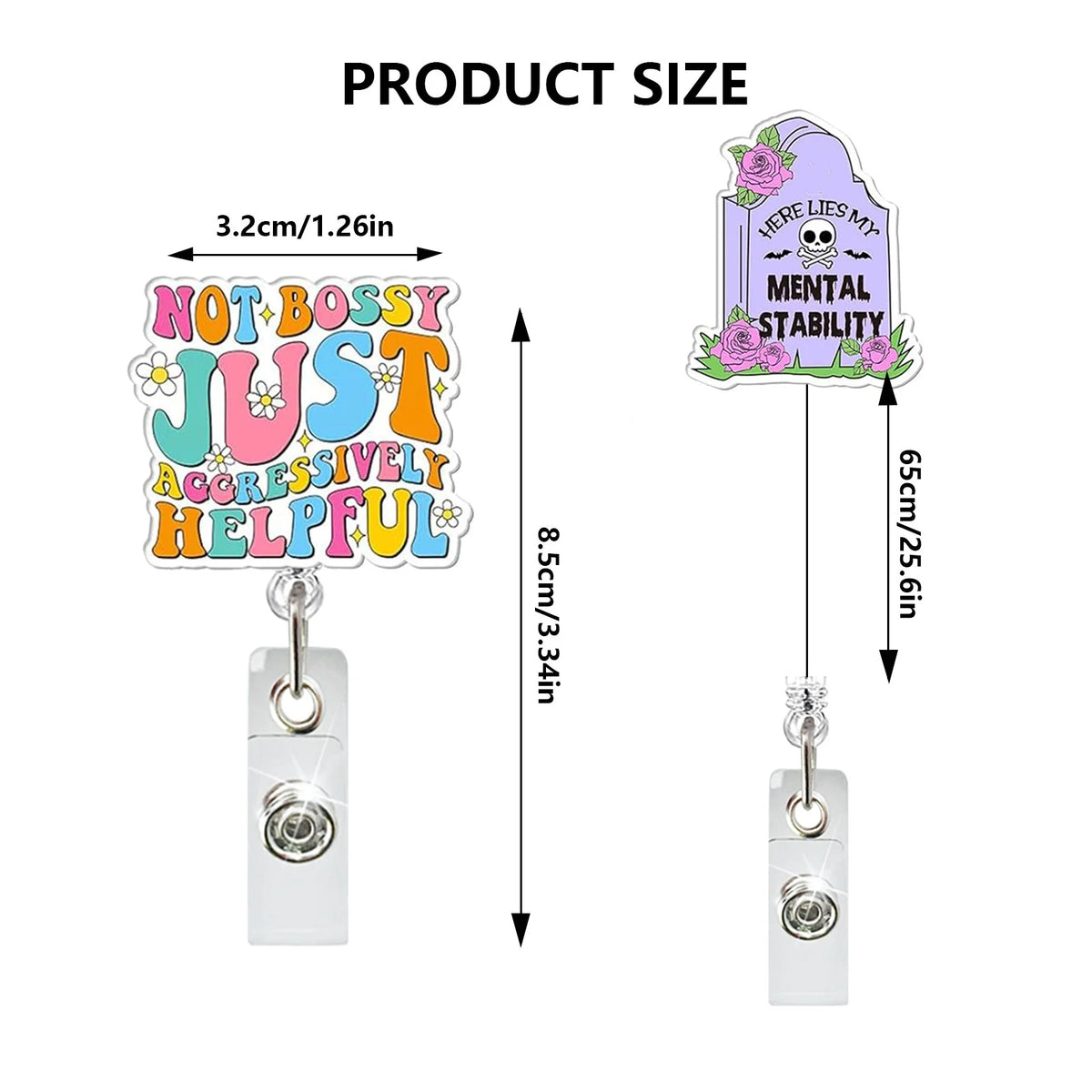 Klares Acryl-Ringen-Anhänger mit lila und rosa Design, Text: Just Aggressively Helpful
