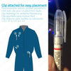 Diagram showing how to attach a clip for easy placement on a blue garment.