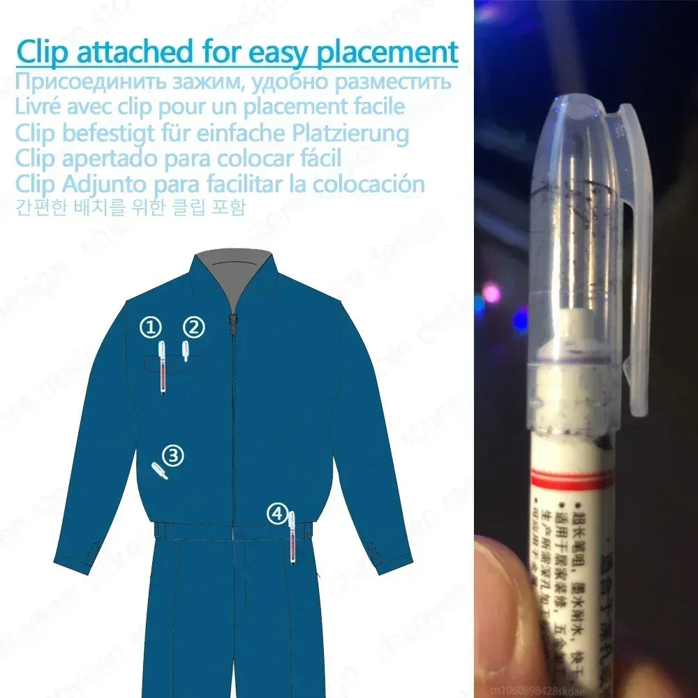 Diagram showing how to attach a clip for easy placement on a blue garment.