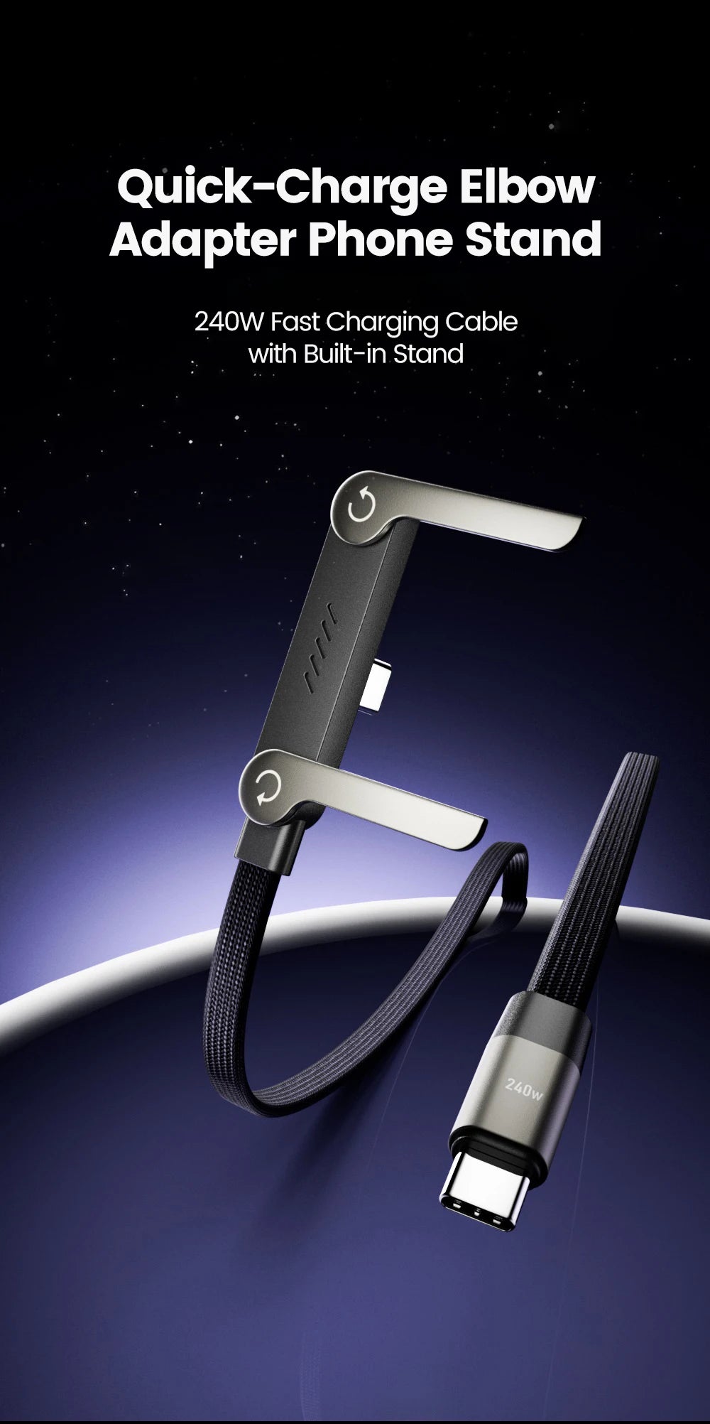 A black elbow adapter phone stand with a built-in stand and a 240W fast charging cable.