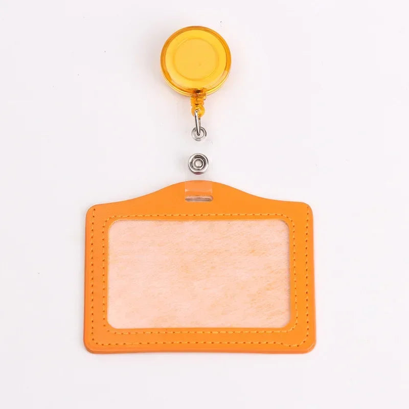 Orange PU leather retractable ID card holder with a gold colored reel and badge case.