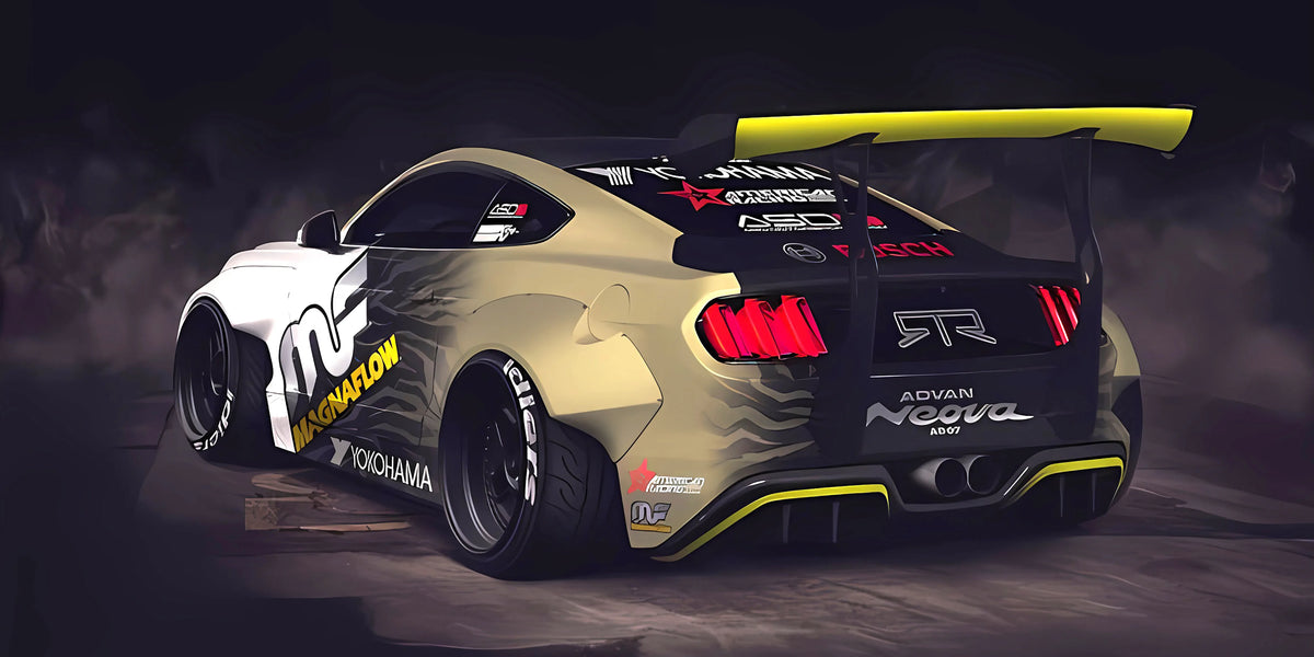 A yellow and black JDM sports car is shown from the rear, parked on a dark surface.