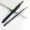 A black and silver 4-in-1 gravity sensor ballpoint pen with a mechanical pencil resting on a white surface.