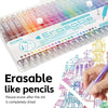 A set of erasable gel pens with various colors and tips shown next to a hand drawing on paper.