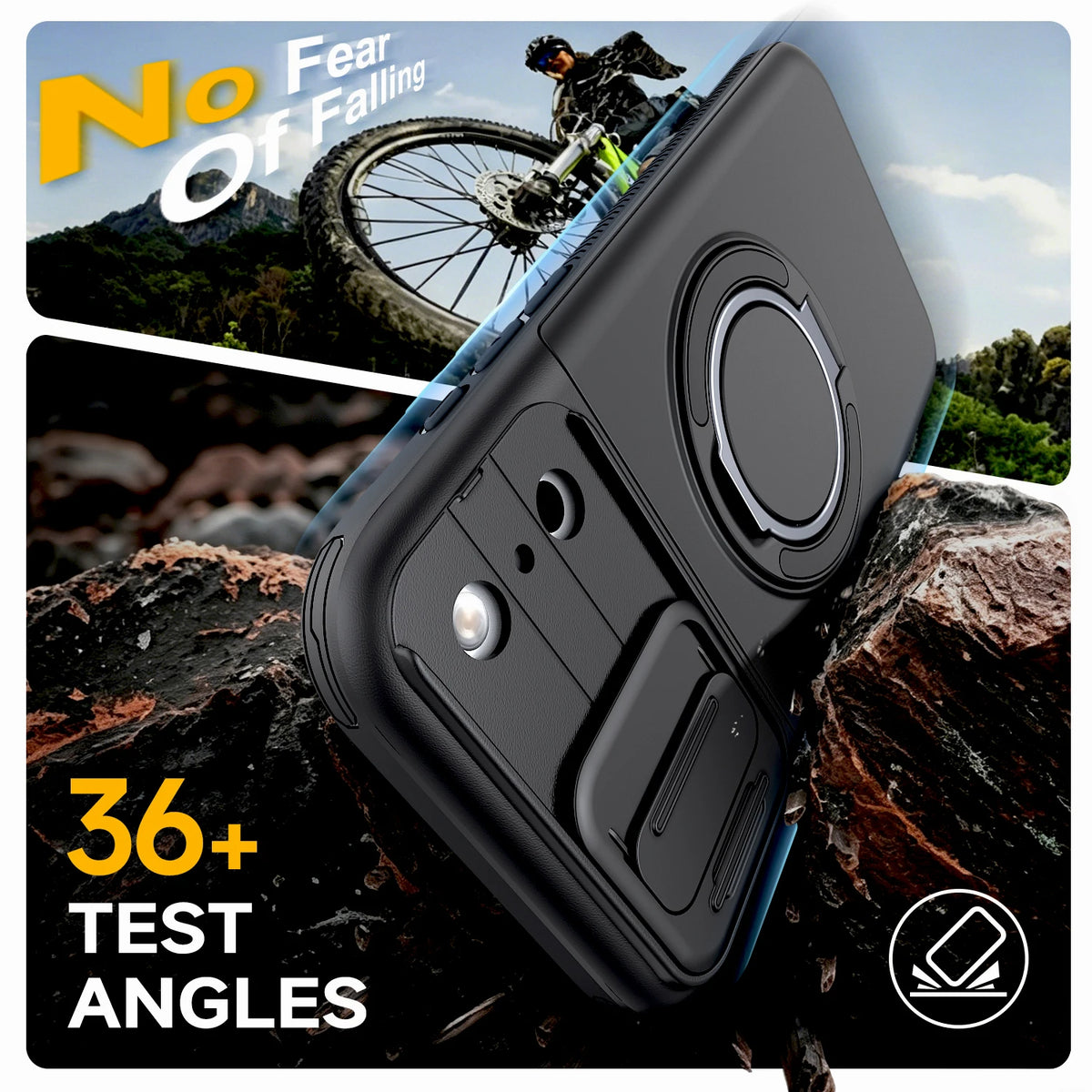 Schwarzes iPhone-Wallet-Cover in verschiedenen Winkeln, das seine Haltbarkeit und Funktionen gegen einen felsigen Outdoor-Hin