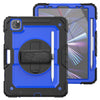 A black rugged iPad case with a blue outer shell and a rotating kickstand and shoulder strap visible.