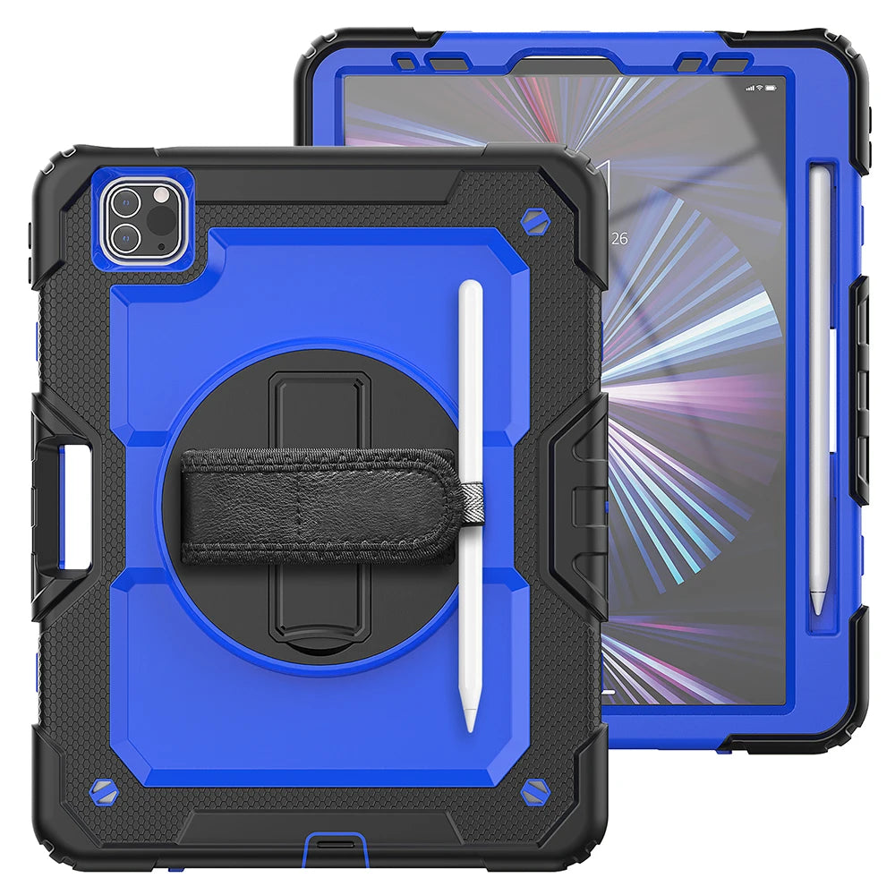 A black rugged iPad case with a blue outer shell and a rotating kickstand and shoulder strap visible.