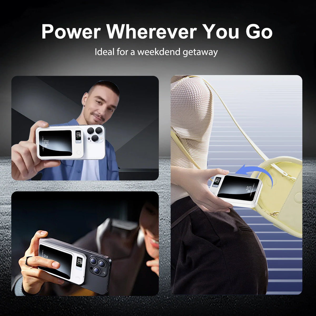 A hand holds a silver magnetic wireless power bank with a digital display, demonstrating its use for portable charging.