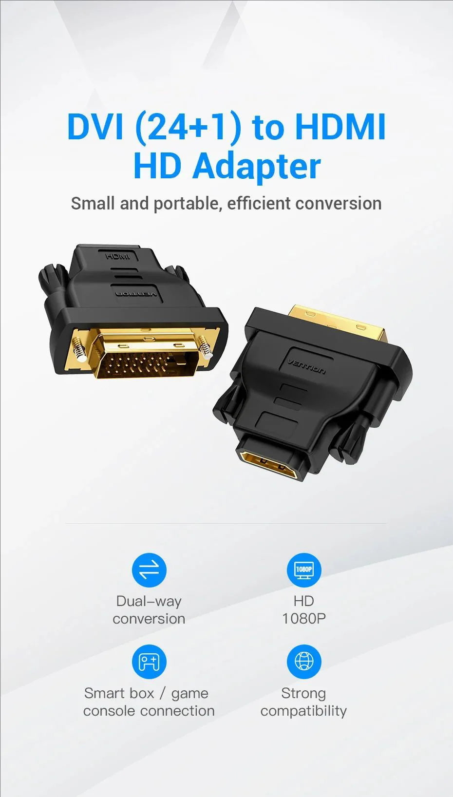 A black DVI to HDMI adapter cable is shown, highlighting its dual-way conversion and compatibility for smart boxes and game c