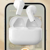 White wireless earbuds shown inside a charging case with various features highlighted.