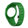A green ceramic watch case and strap set for a Swatch X AP Royal POP, shown in a circular view.