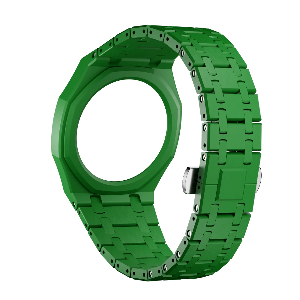 A green ceramic watch case and strap set for a Swatch X AP Royal POP, shown in a circular view.