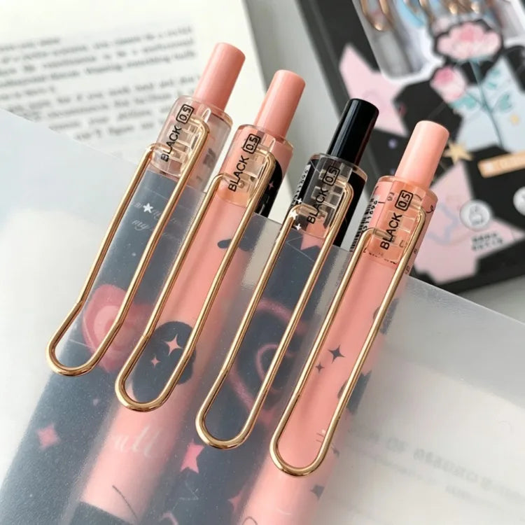 A set of six butterfly design gel pens in black and pink are displayed on a white surface.