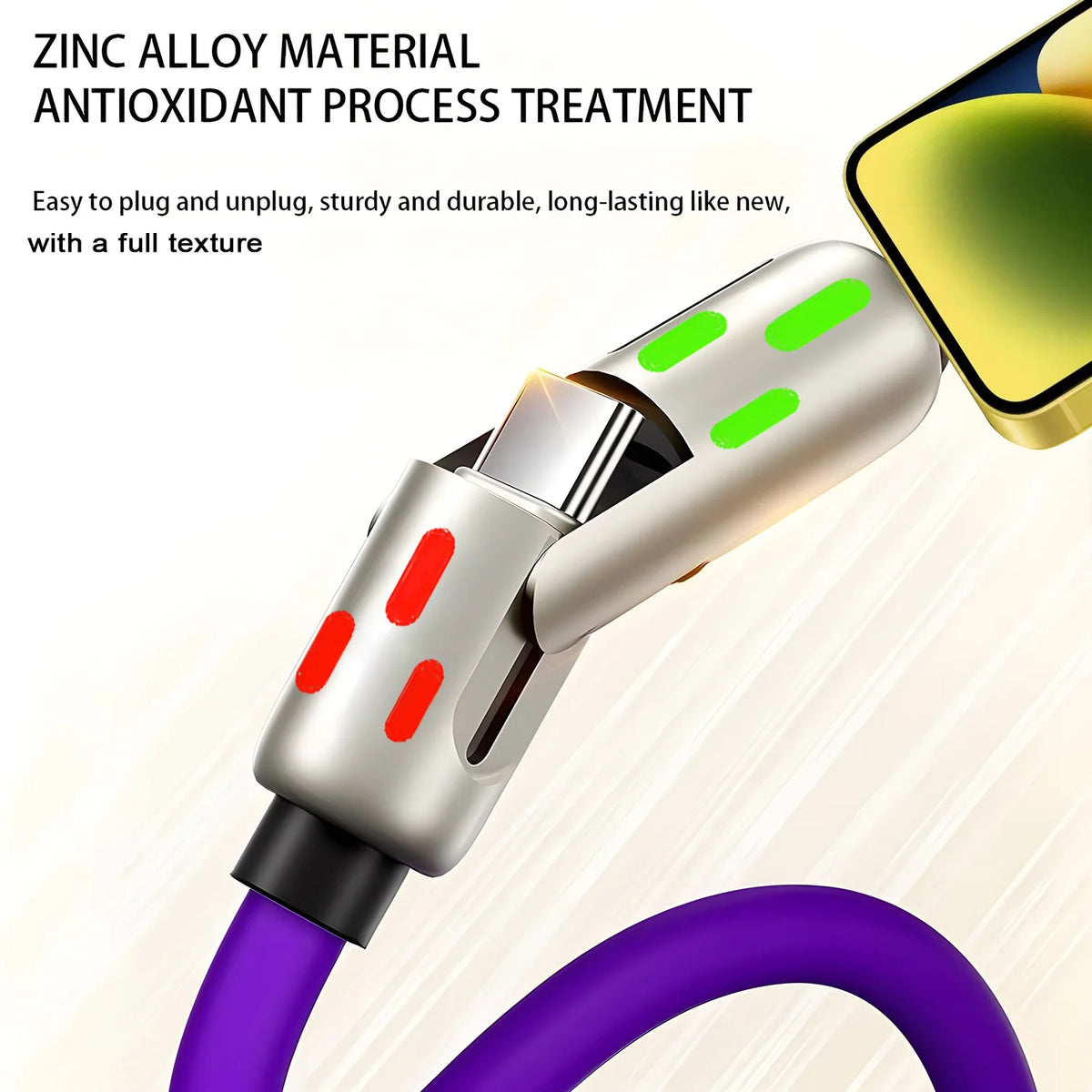A close-up view of a silver fast charging cable with rotating connectors and purple cable, featuring antioxidant process trea