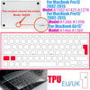 Ultra-thin TPU keyboard cover for MacBook Pro models, showing the keyboard and a location check diagram.