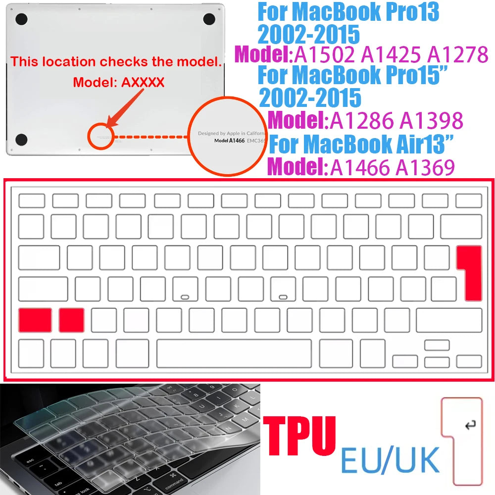 Ultra-thin TPU keyboard cover for MacBook Pro models, showing the keyboard and a location check diagram.