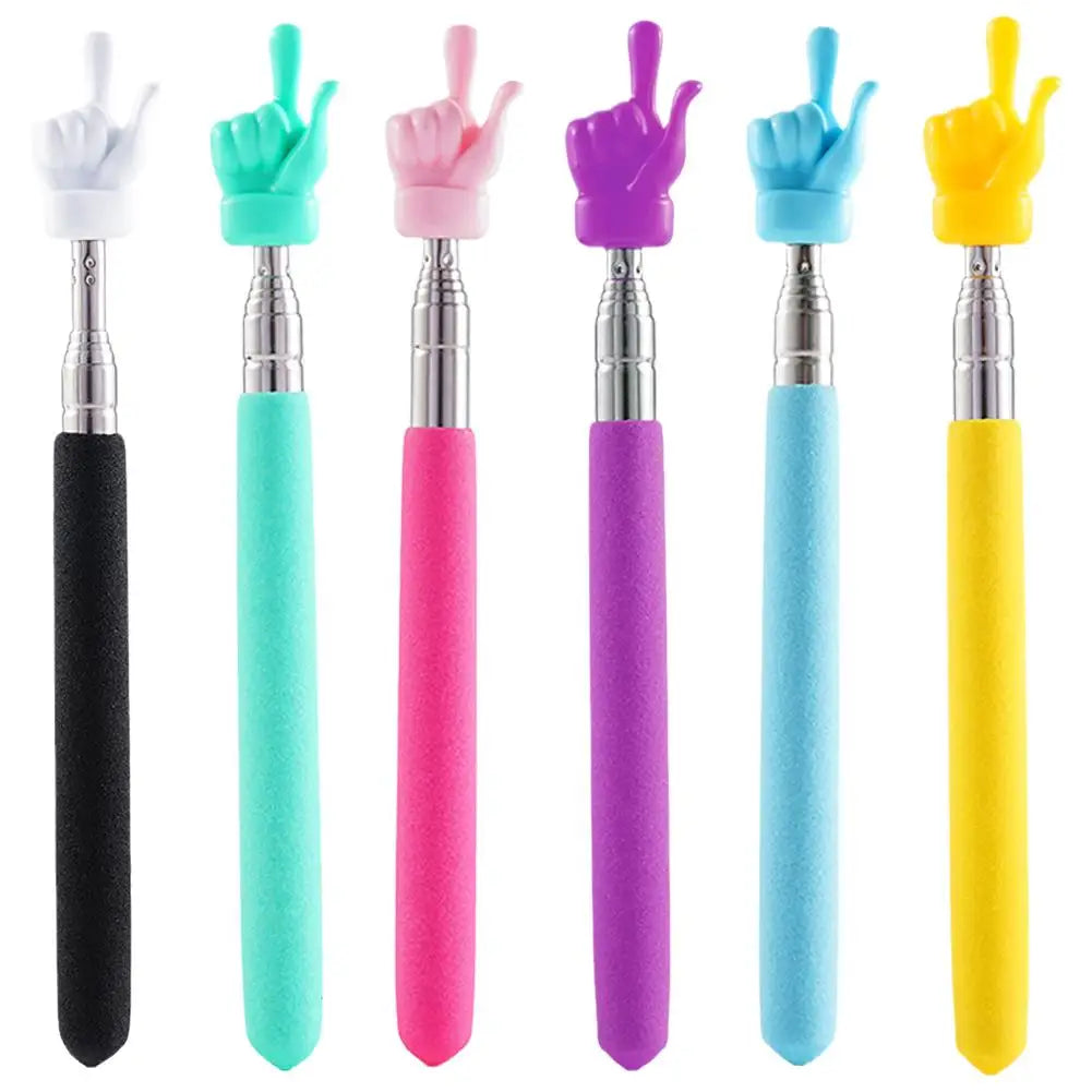 A set of five colorful retractable hand pointer sticks in black, teal, pink, purple, and yellow.