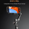 A black foldable 3-axis mobile phone gimbal is shown mounted on a smartphone, set against a dark background.
