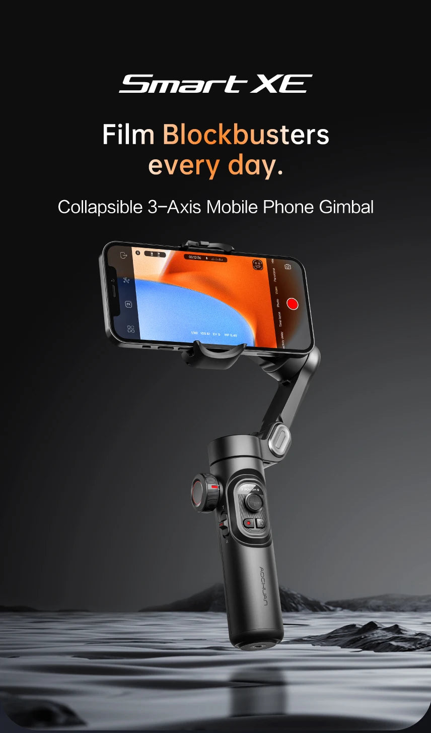 A black foldable 3-axis mobile phone gimbal is shown mounted on a smartphone, set against a dark background.