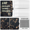 A black marble budget binder with a leather sleeve and numbered envelopes for a savings challenge.