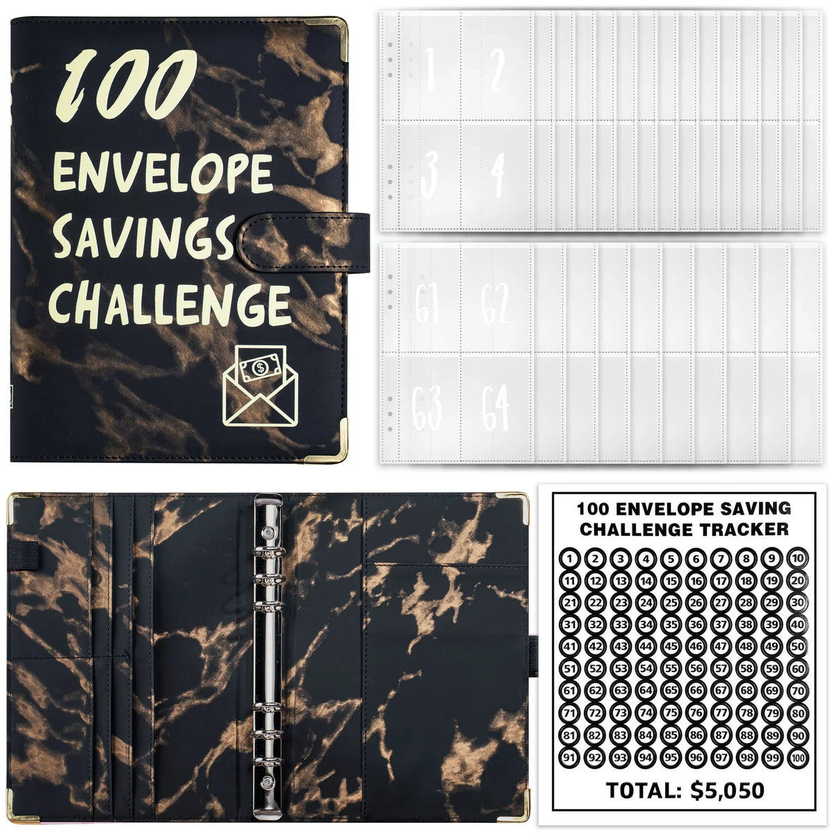 A black marble budget binder with a leather sleeve and numbered envelopes for a savings challenge.