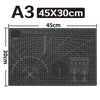 A grid layout of an A3 size cutting mat with various geometric patterns and markings for crafting and sewing.