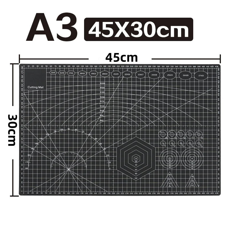 A grid layout of an A3 size cutting mat with various geometric patterns and markings for crafting and sewing.