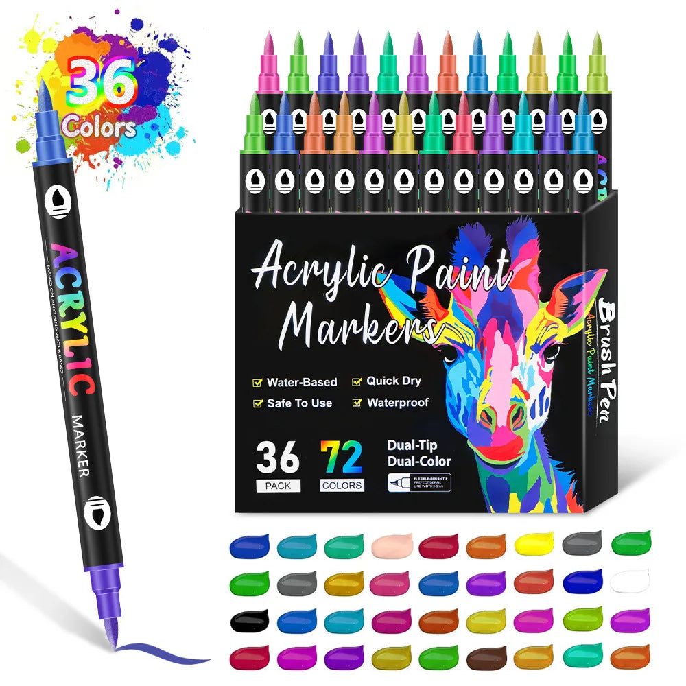 A set of 36 dual-tip acrylic paint markers in various colors packaged in a black box.