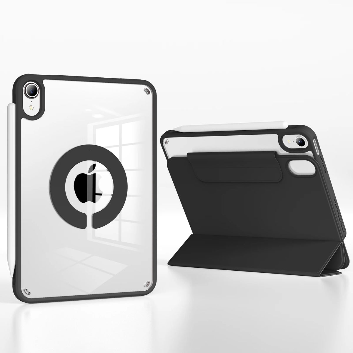 A black magnetic rotating protective case for an Apple iPad is shown in a studio setting.