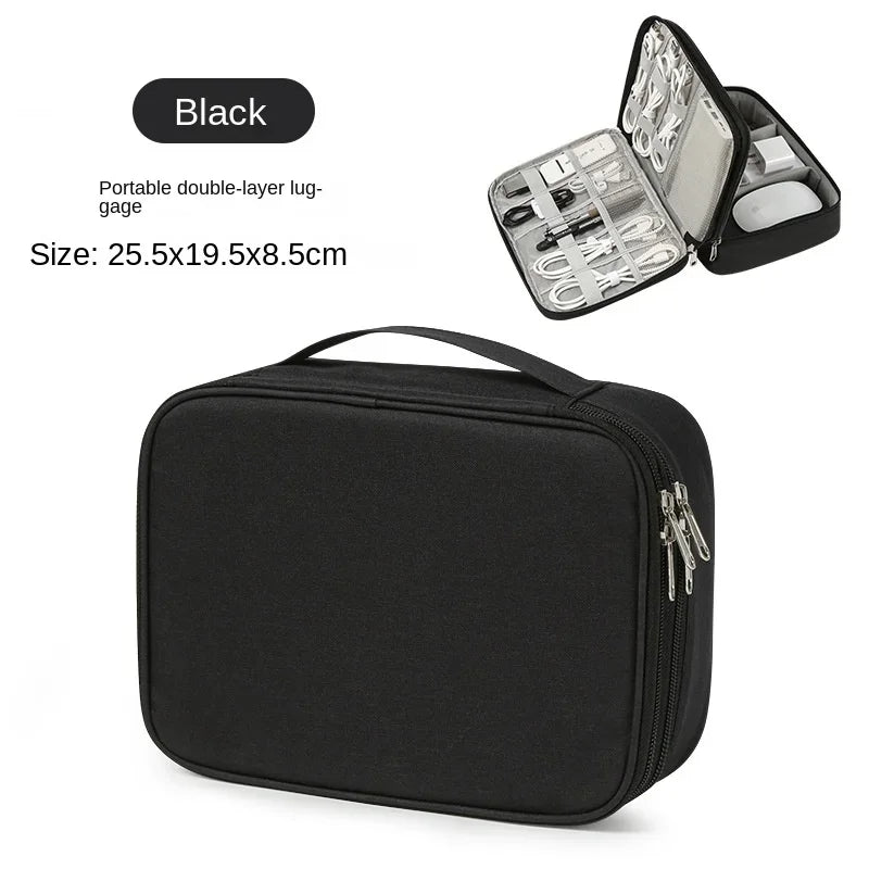 Black portable double-layer lugage for organizing and storing electronics cables and accessories.