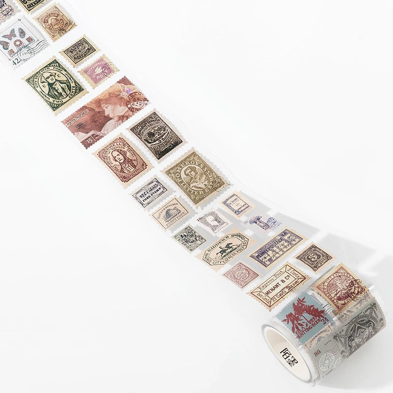 A strip of vintage stamp tape stickers for scrapbooking featuring various historical and decorative stamps.