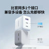 A white GaN fast charger is shown with three ports, illustrating its multi-port capability.