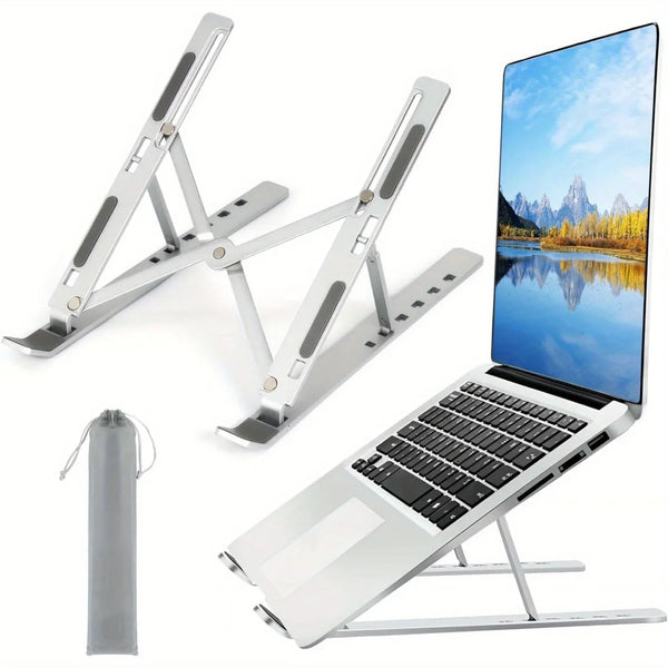 A silver adjustable aluminum laptop stand shown in various angles and configurations.