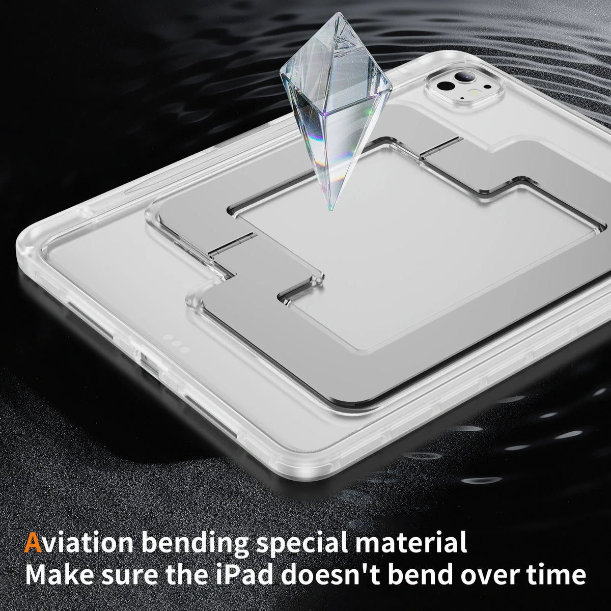 A clear protective case for an iPad featuring a diamond-shaped screen protector and aviation bending material.