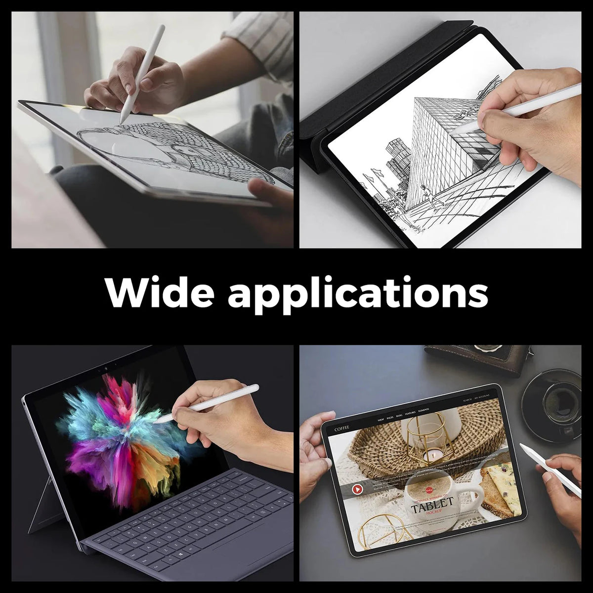 A collection of images showing a magnetic tilt stylus pen being used on various digital devices like tablets and laptops.