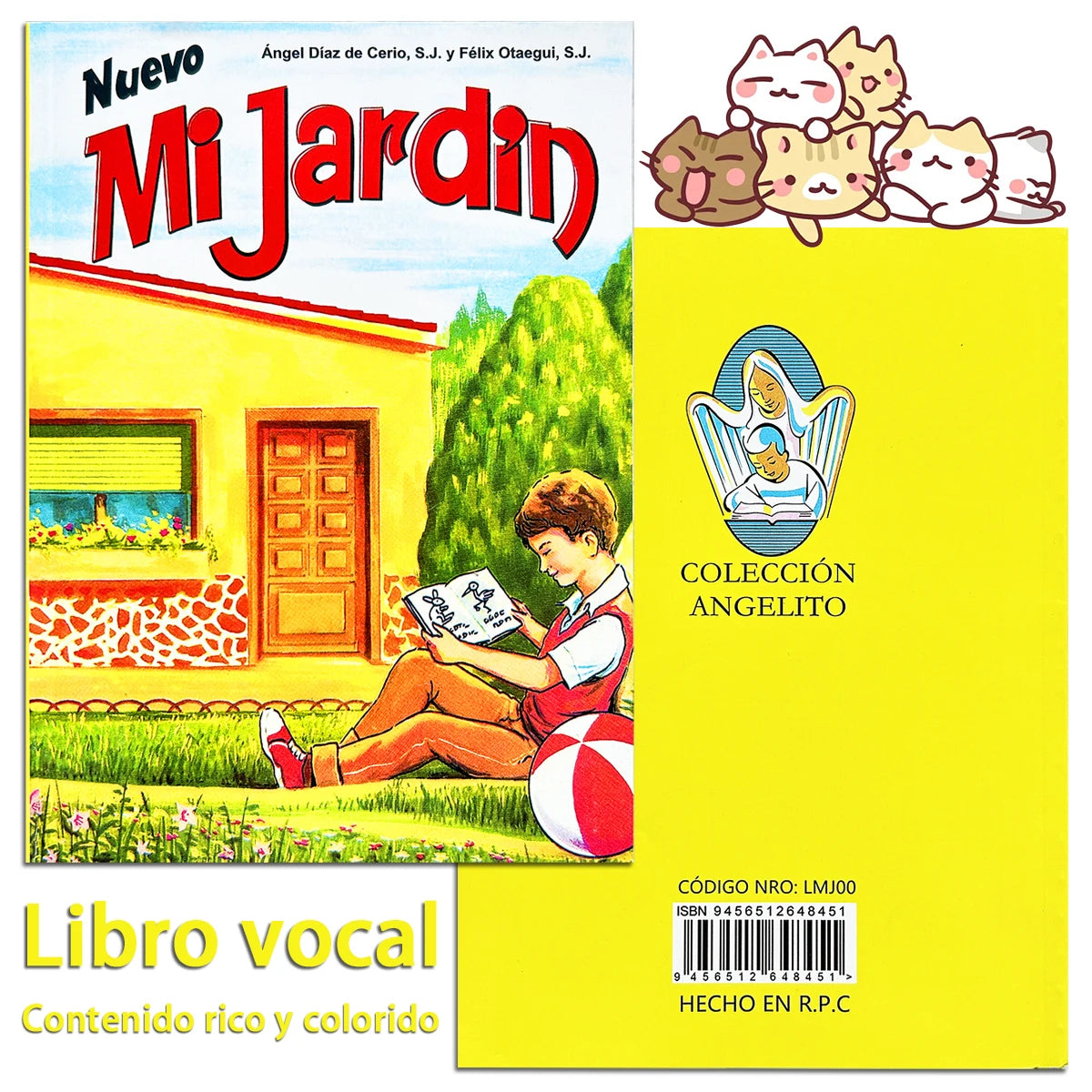 Buchcover von Nuevo Mi Jardin mit einem Jungen, der draußen liest, und einer Sammlung von Engelillustrationen.