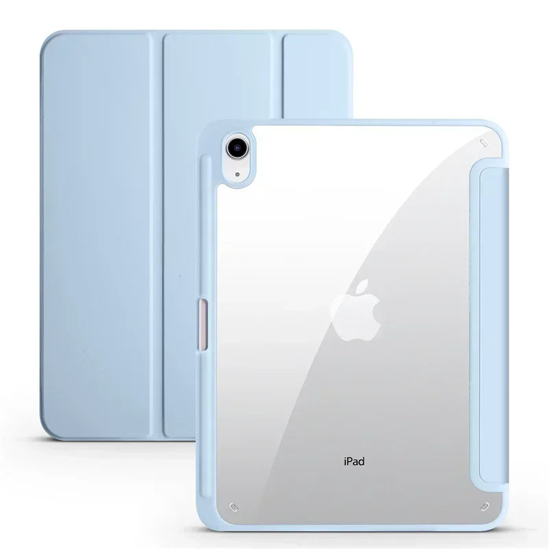 A light blue protective case for an iPad is shown next to the device.
