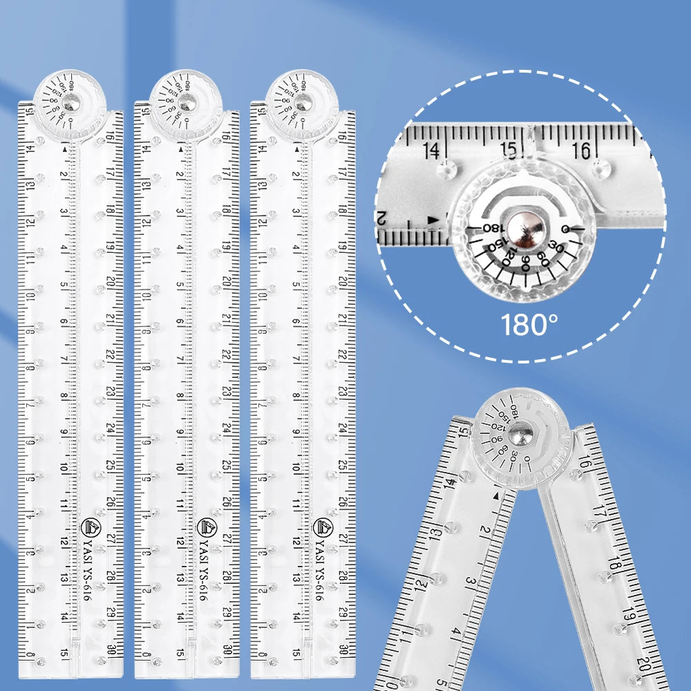 A set of foldable acrylic geometry rulers showing various measurements and an 180-degree angle view.
