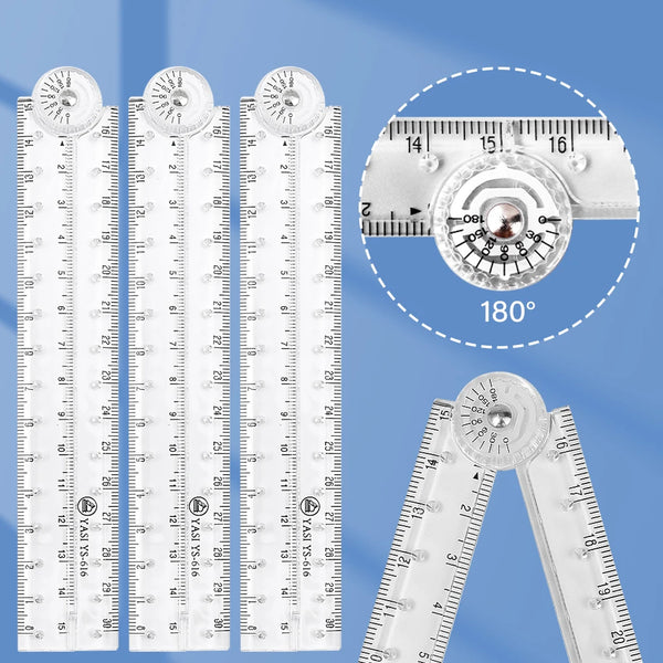 A set of foldable acrylic geometry rulers showing various measurements and an 180-degree angle view.