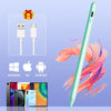 A green capacitive stylus pen shown next to various tablet and smartphone icons and connectors.